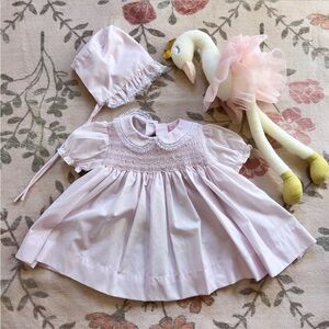 Smocked Pink Baby Gril Dress and Bonnet Set